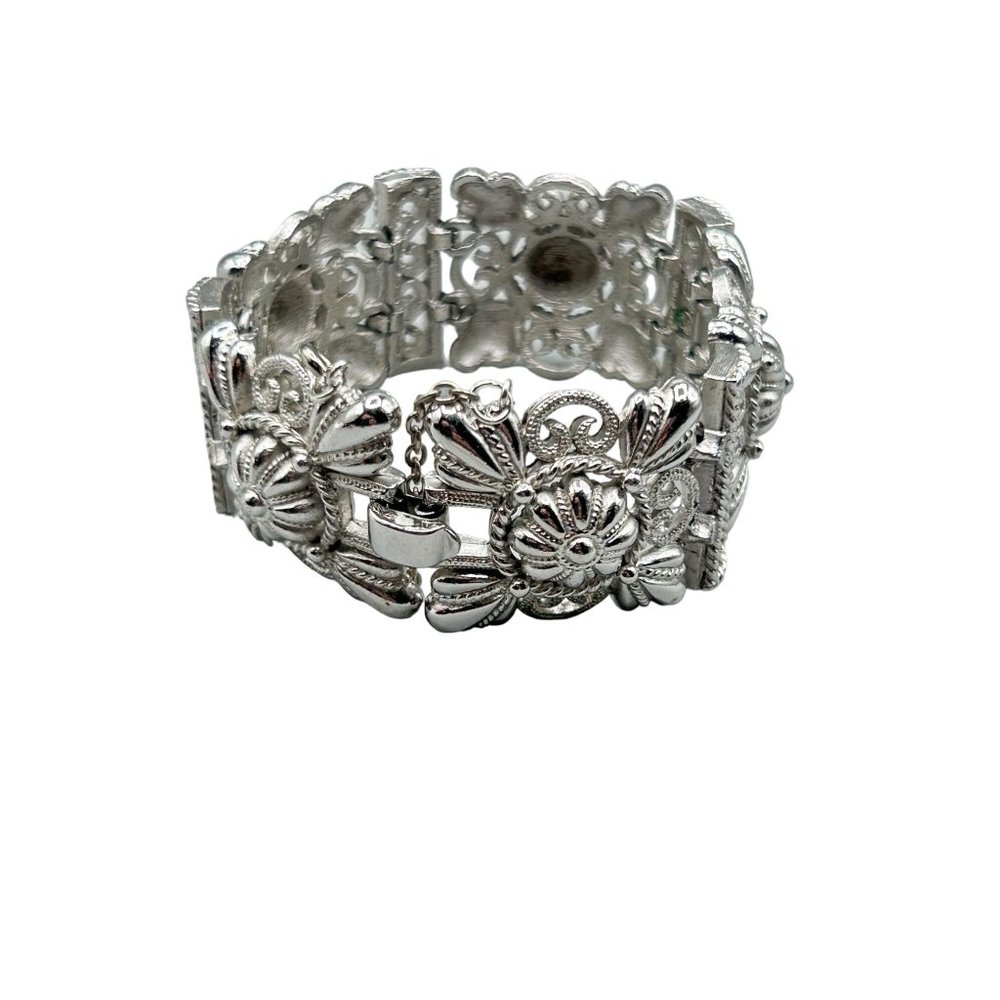 Vintage Signed Trifari Wide Silver Tone Bracelet Ornate Wide Panels Filigree